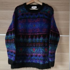 Talbots Mohair Wool Sweater M Vintage Fair Isle Fuzzy Chunky Knit Cozy 90s